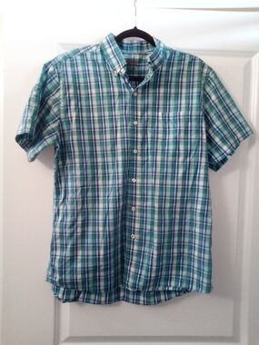 Men's Plaid Short-Sleeve Button-Down Shirt in Teal and Blue Size Large